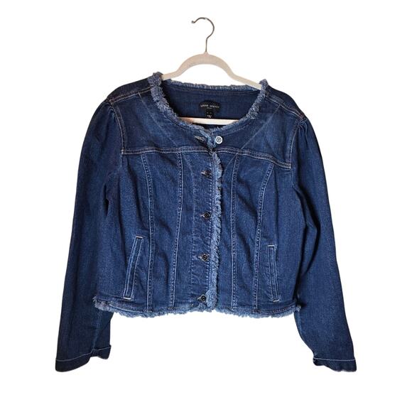 Susan Graver Womens Dark Denim Blue Jean Jacket Size XL Raw Frayed Edge - Picture 1 of 7